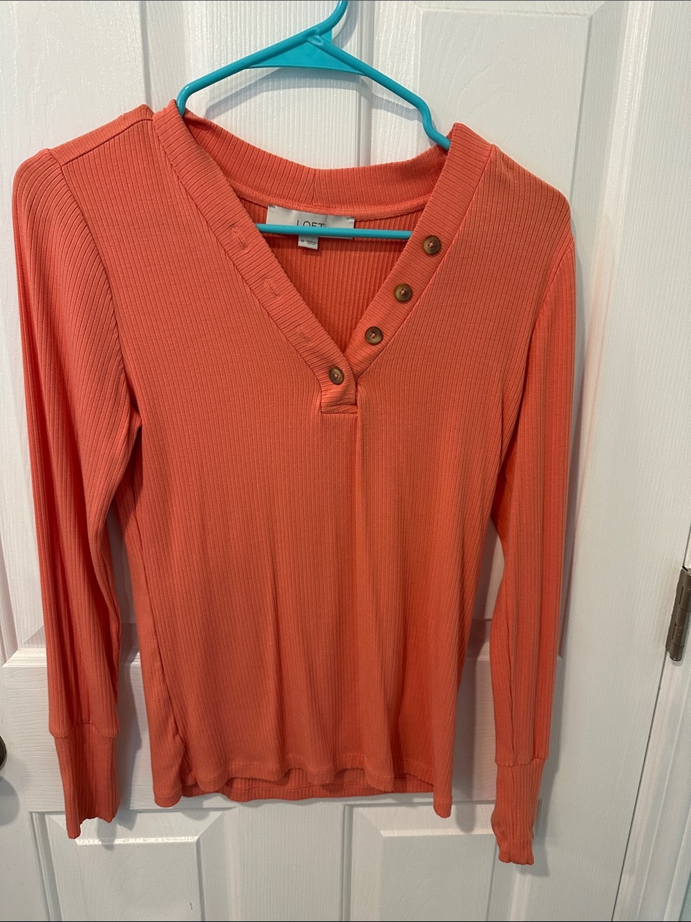 LOFT Coral Button-Accent Ribbed Long Sleeve Top